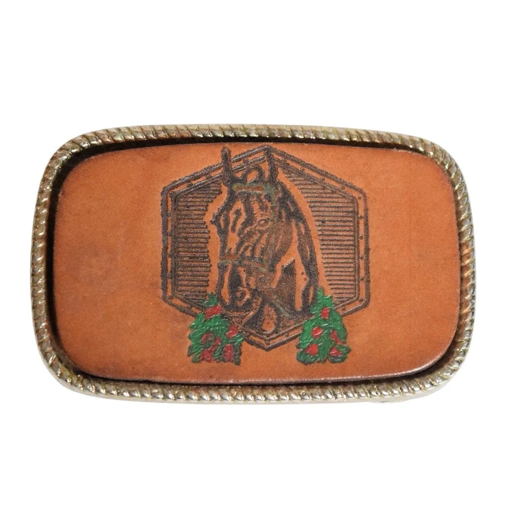 Vintage Western Belt Buckle Tooled Leather Horse Head 682 Brass Cowboy 1970s